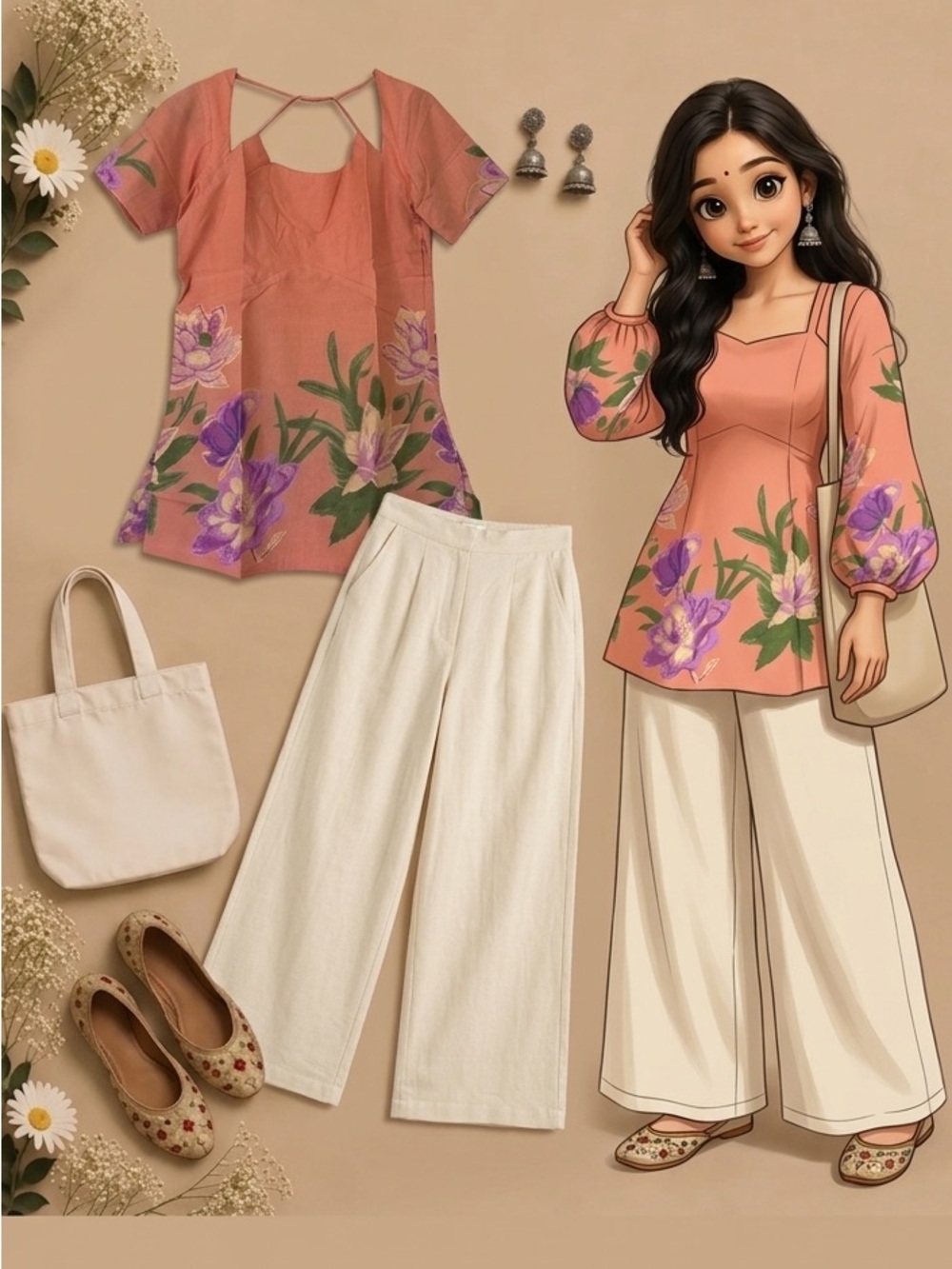Floral Peach Women’s Cotton Croset Top with Cutout Back